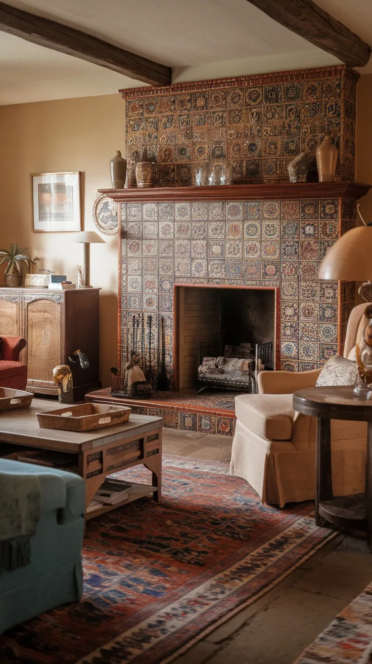 A cozy living room featuring a fireplace adorned with colorful Spanish tiles, wooden beams on the ceiling, and comfortable furniture.