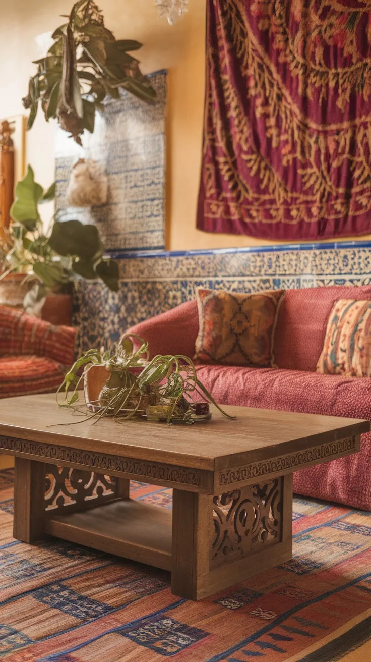 A cozy Spanish-style living room featuring a large wooden coffee table with carved details, colorful textiles, and plants.