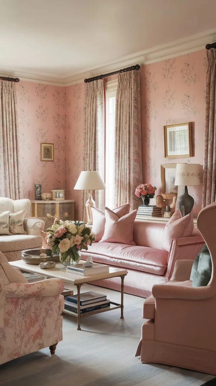 A cozy living room featuring soft pink wallpaper with subtle floral patterns, complemented by pink and floral patterned furniture.