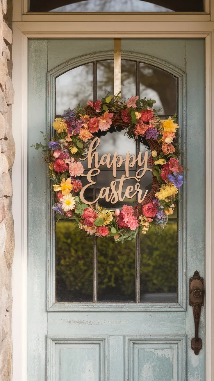 A colorful floral wreath on a blue front door with a wooden 'Happy Easter' sign in the center.