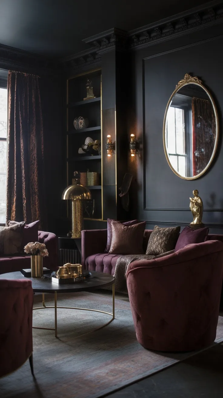 A dark moody living room with plum sofas, gold accents, and a cozy atmosphere.
