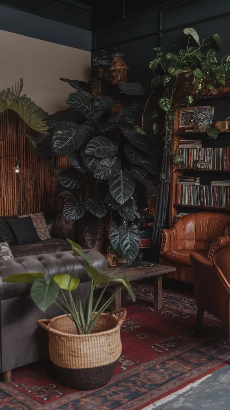 A moody living room with dark furniture and lush indoor plants, creating an inviting atmosphere.
