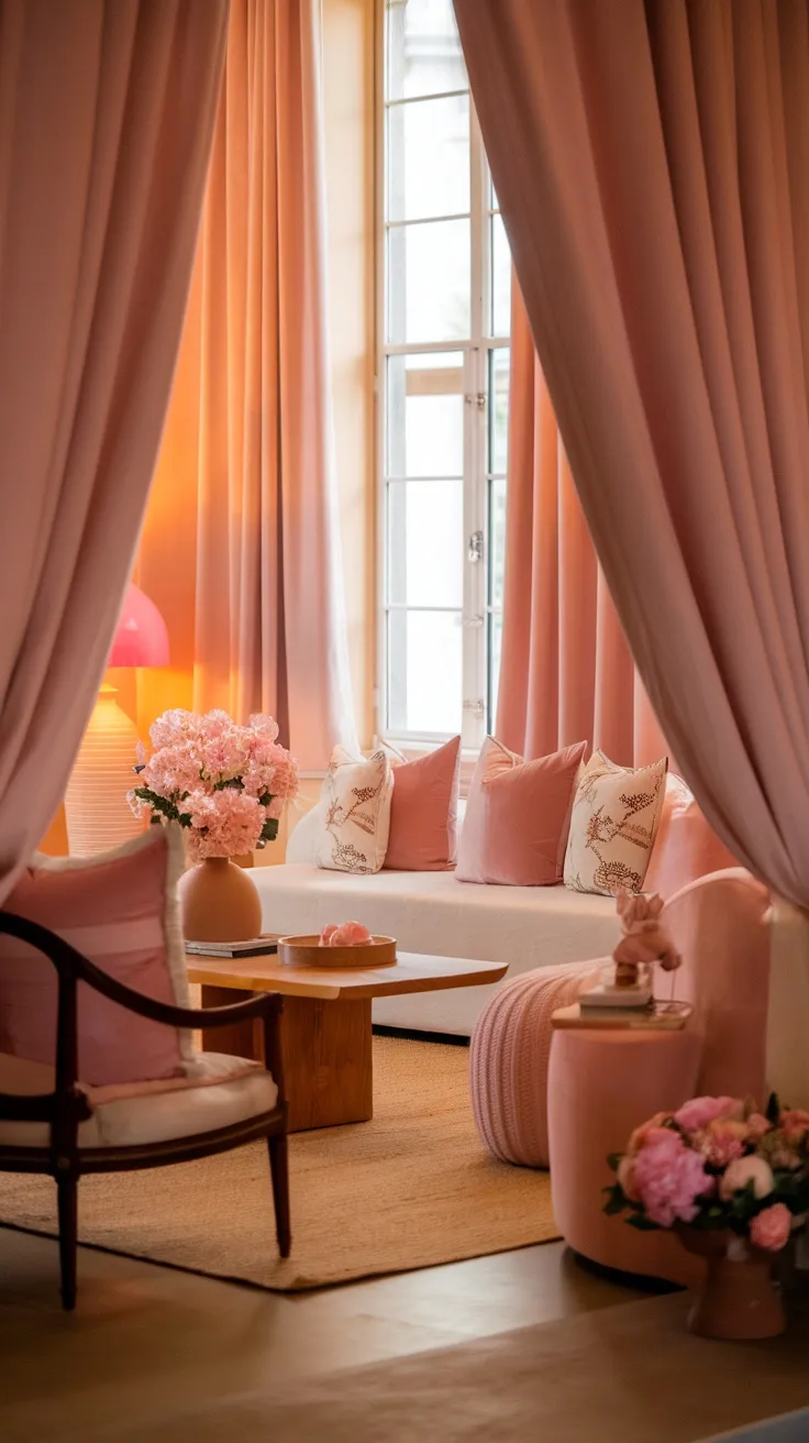 A cozy pink living room featuring soft pink curtains, cushions, and a flower arrangement in a vase.