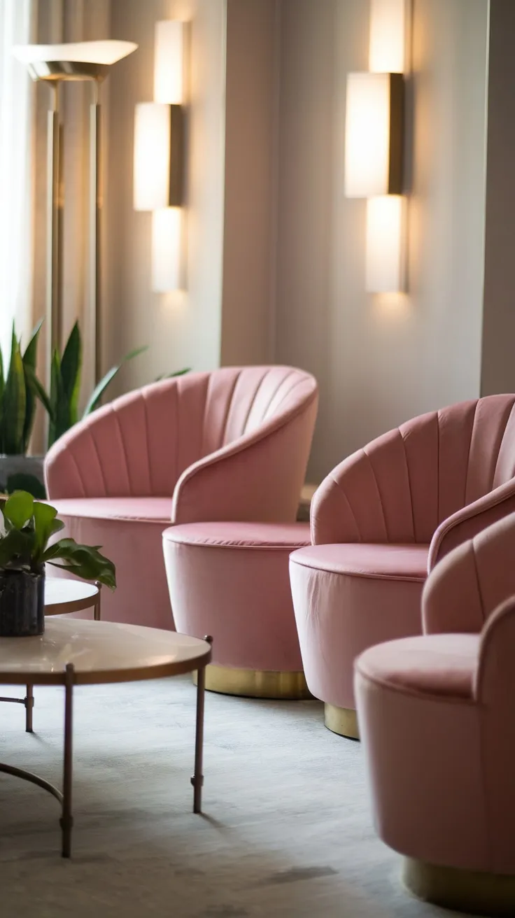 Two pink velvet accent chairs with a stylish design in a well-lit living room
