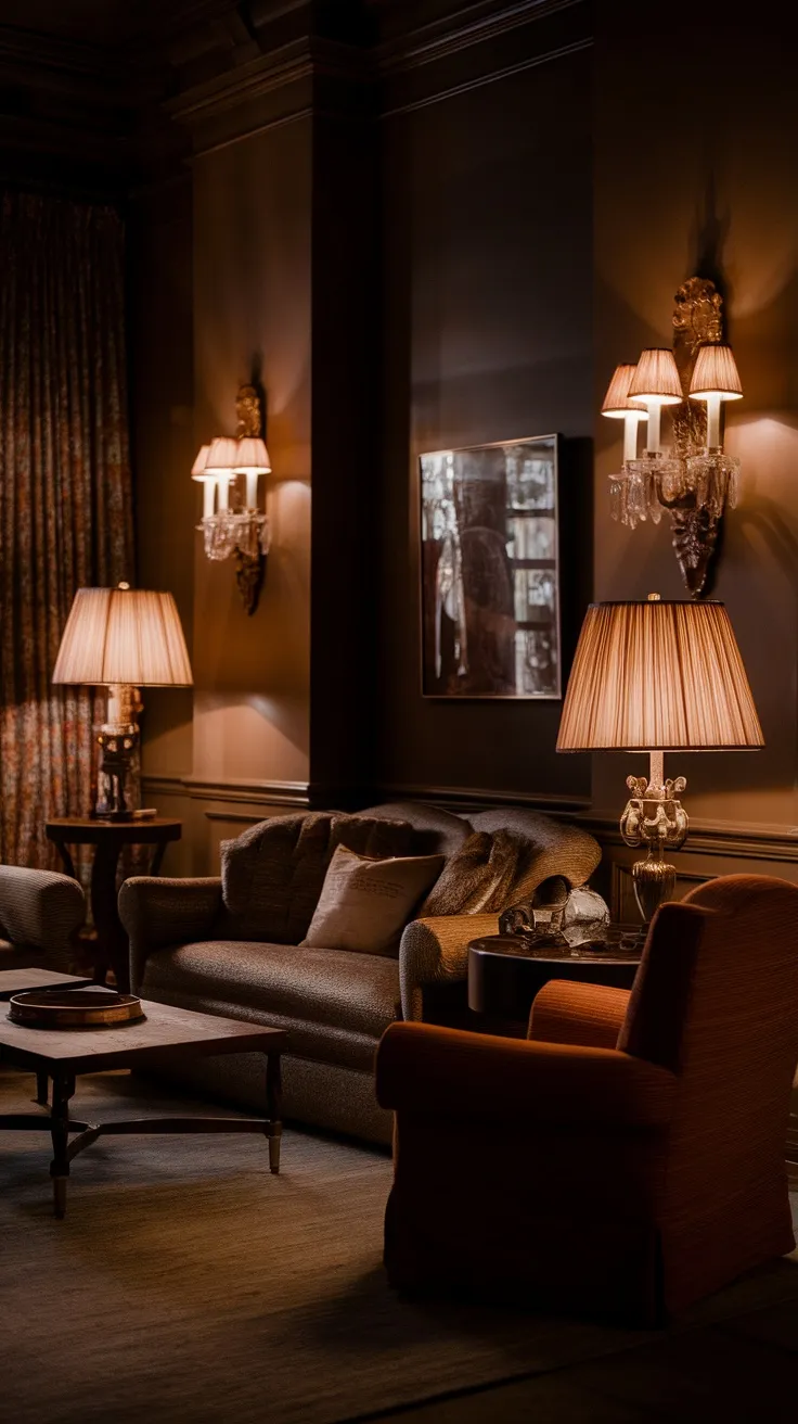 A dark moody living room with vintage lamps and wall sconces providing warm lighting.