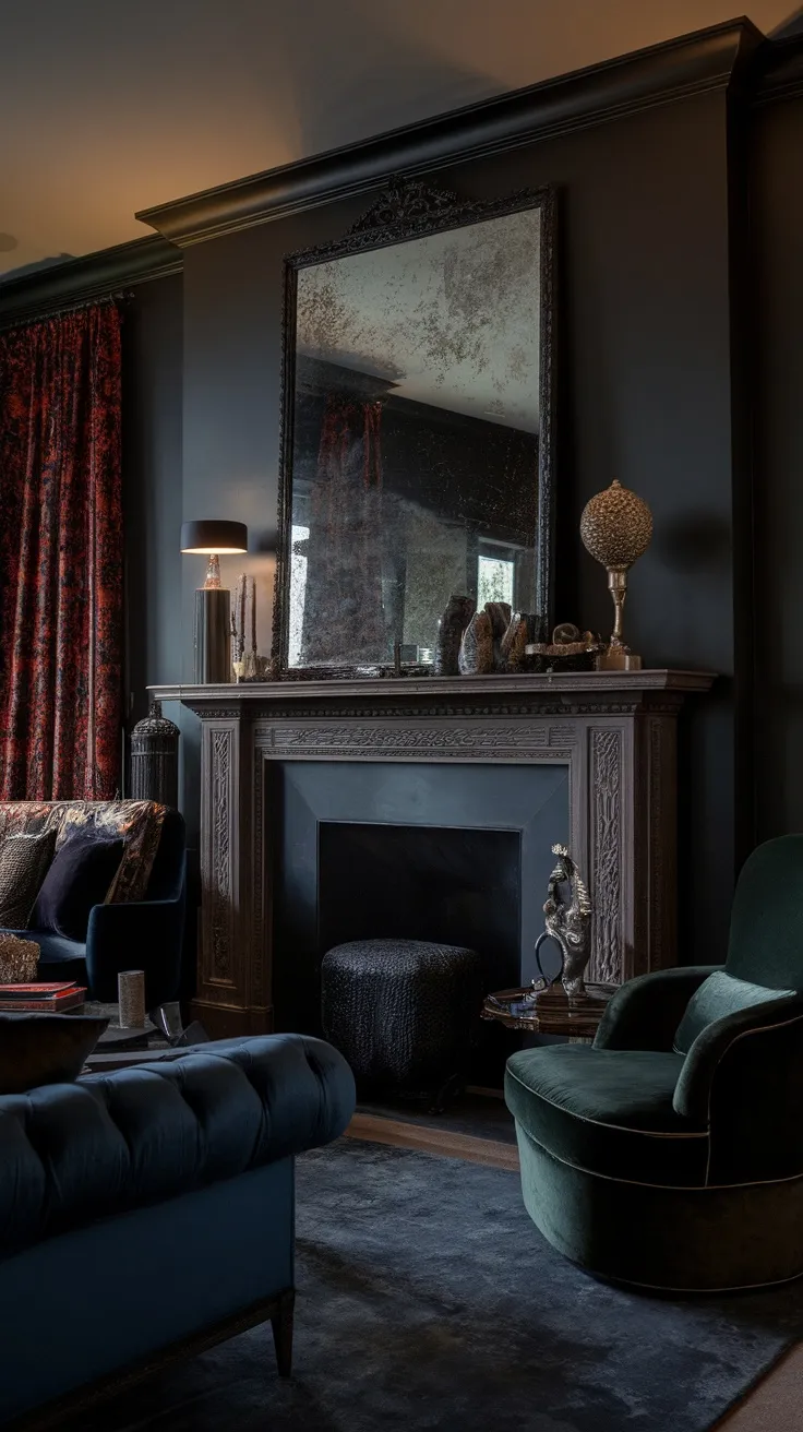 A dark-toned fireplace mantel in a moody living room setting, featuring elegant decor and rich fabrics.