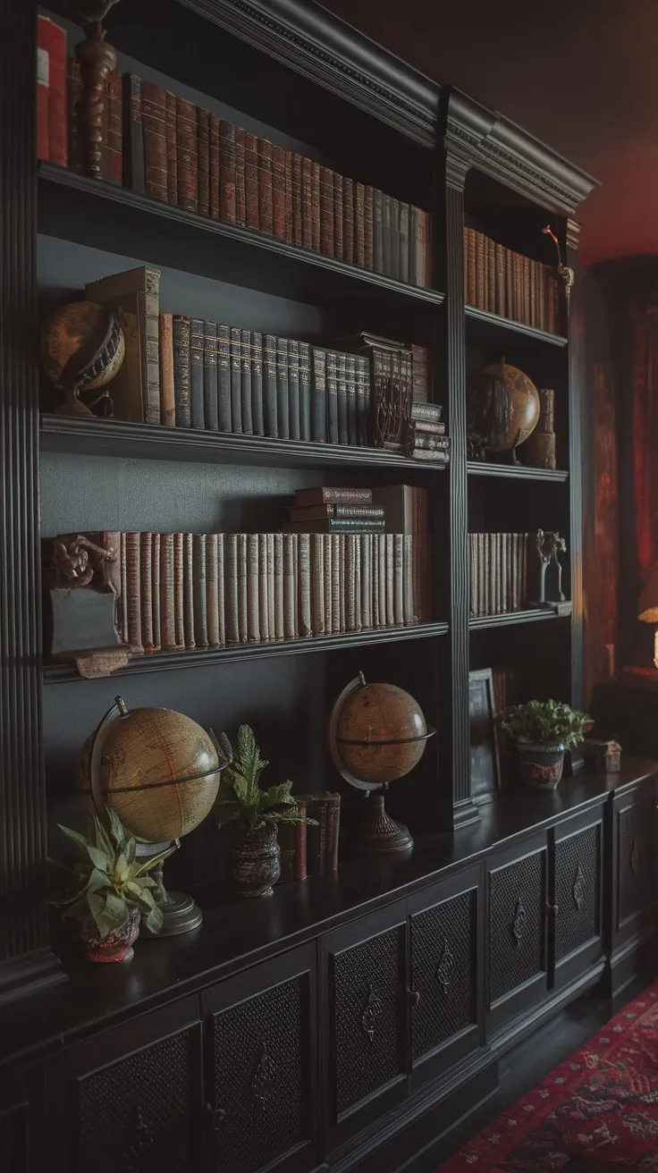 A dark bookshelf filled with vintage books, decorative globes, and plants, set in a moody living room.