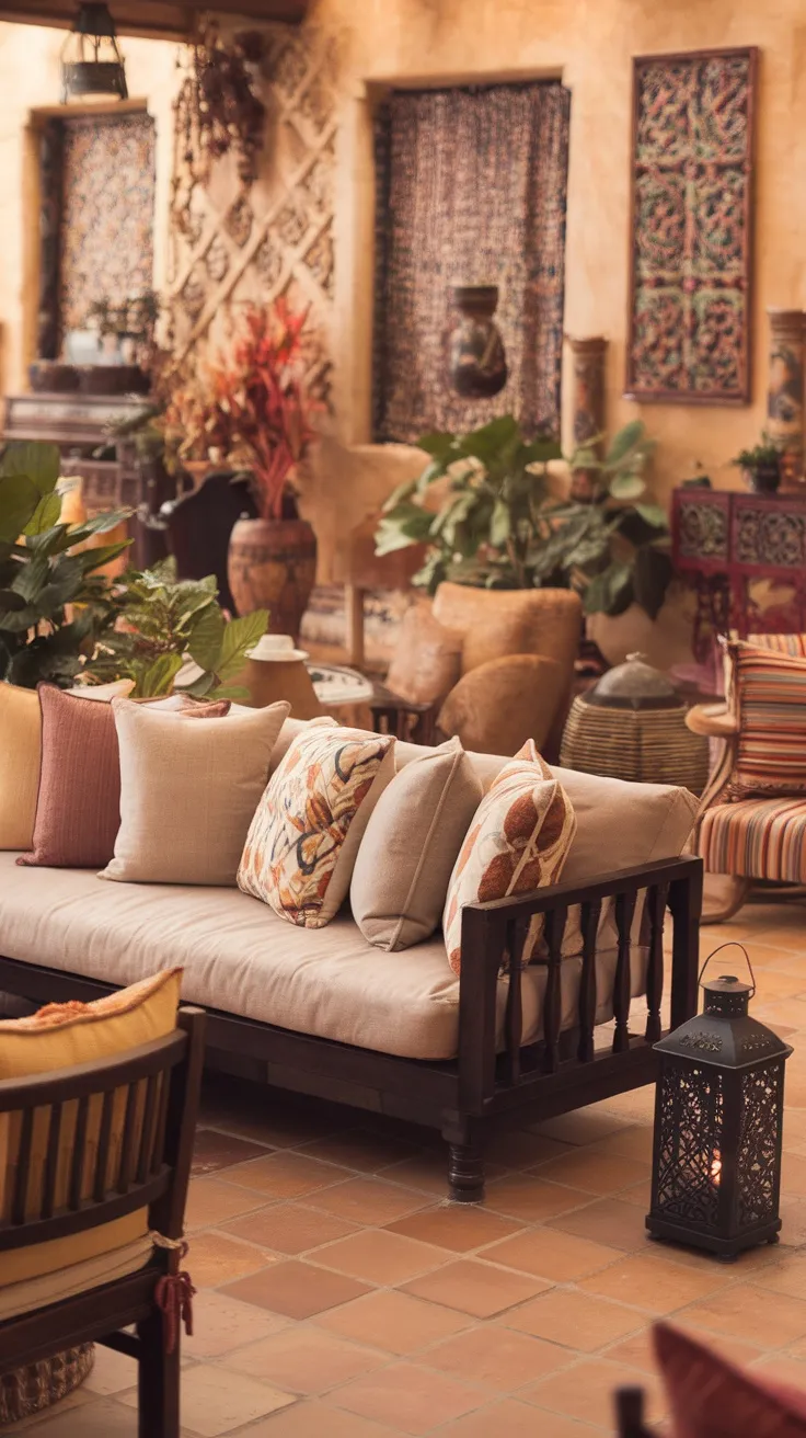 A cozy Spanish-style living room featuring a dark wood sofa adorned with neutral and colorful cushions, surrounded by plants and rustic decor.