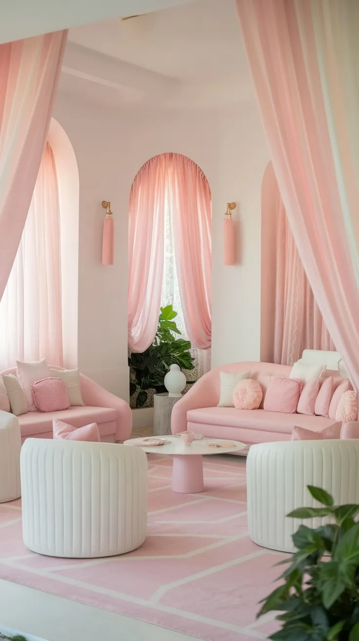 A pink and white living room with soft furnishings, curtains, and plants, creating a cozy and airy atmosphere.