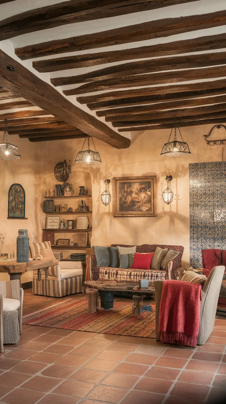 A rustic Spanish-style living room with wrought iron light fixtures, wooden beams, and colorful seating.
