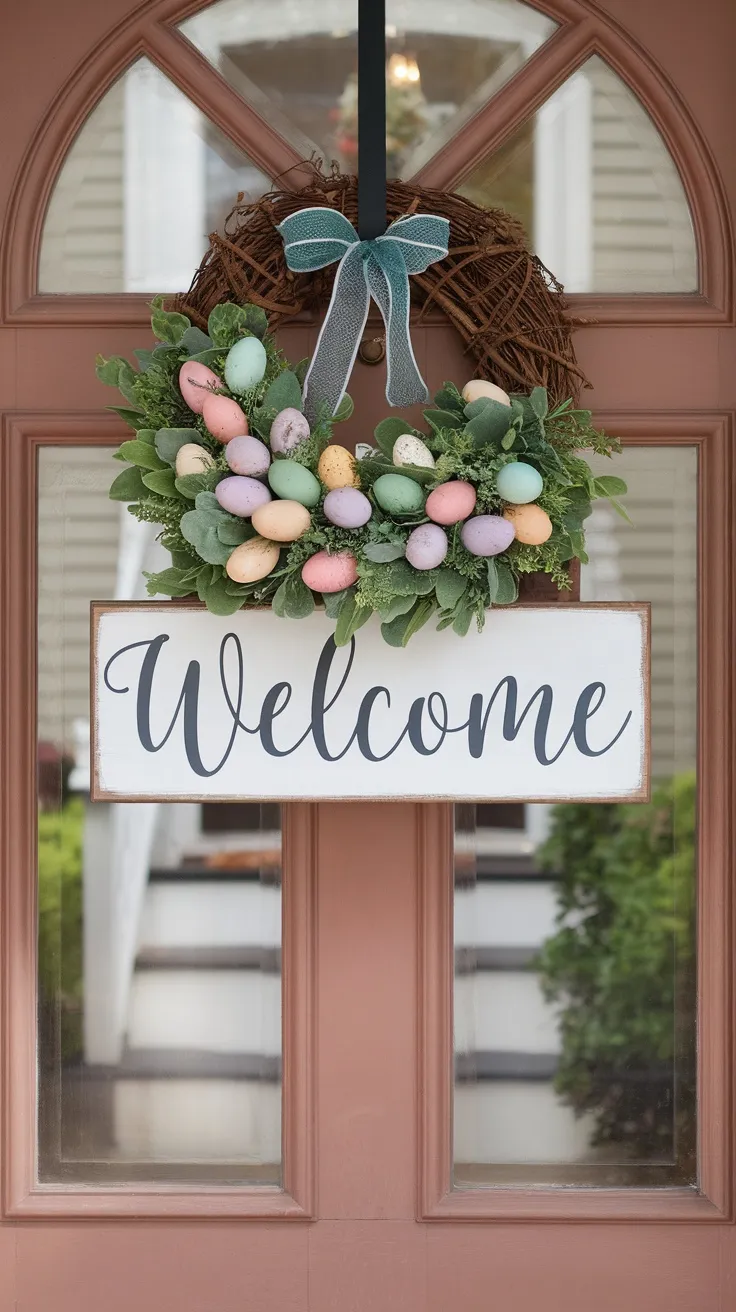 A front door with a grapevine wreath decorated with pastel-colored Easter eggs and a blue bow, accompanied by a wooden sign that says 'Welcome'.