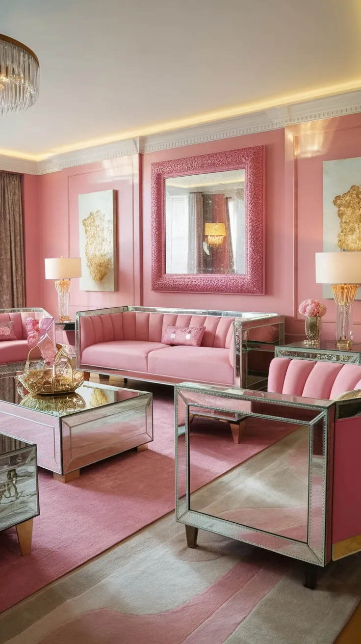 A glamorous pink living room featuring soft pink sofas, mirrored furniture, and elegant decor.