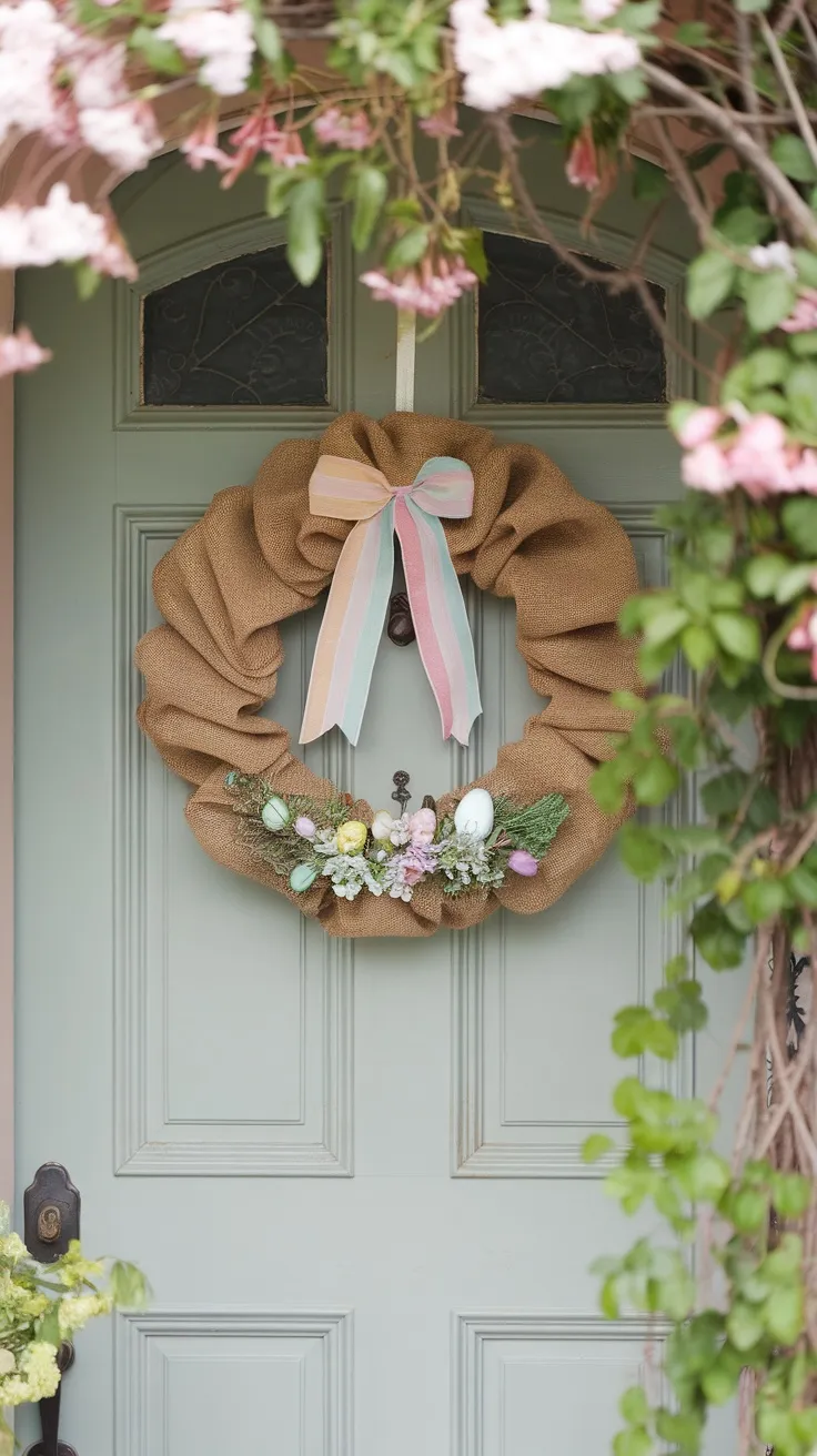 A rustic burlap wreath adorned with a pastel bow and Easter decorations, hanging on a front door.