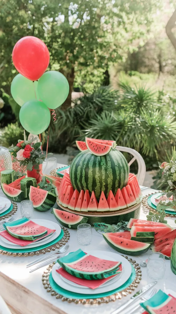 A watermelon-themed baby shower table setting with watermelon decorations, plates, and balloons.