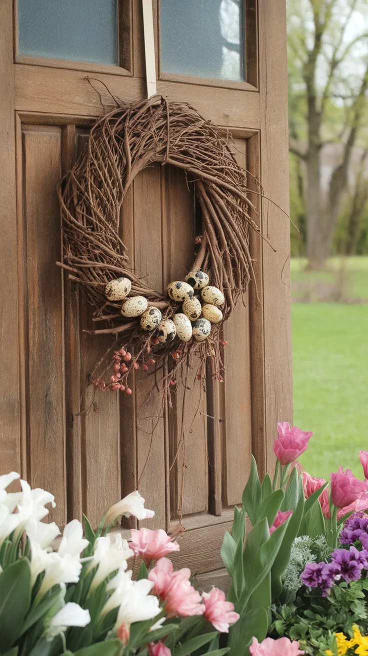 A rustic wreath adorned with speckled quail eggs and twigs hangs on a wooden door, surrounded by colorful flowers.