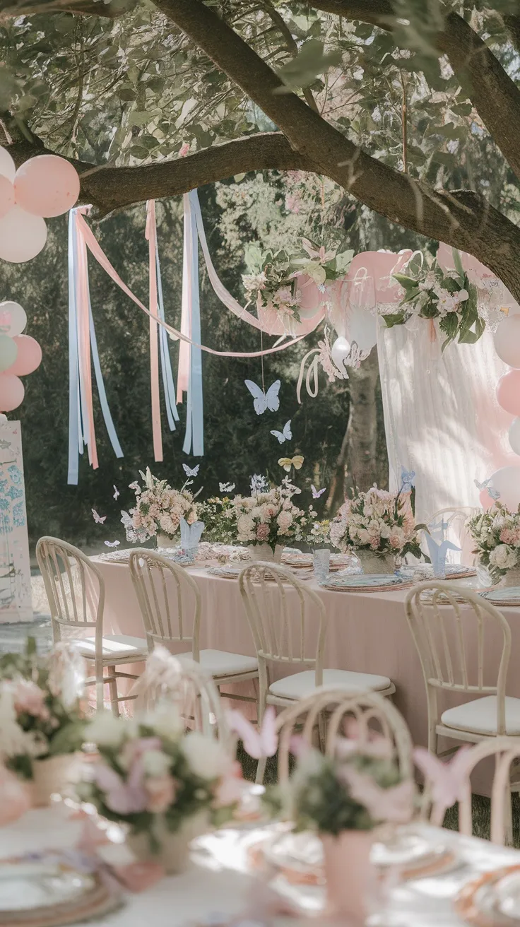 A beautifully decorated outdoor space for a baby shower with butterfly garden theme, featuring pastel colors, floral arrangements, and ribbons.