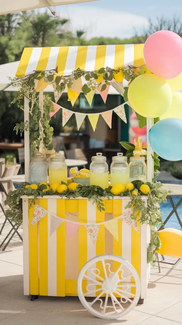 A bright lemonade stand decorated with yellow and white stripes, jars of lemonade, lemons, and colorful balloons.