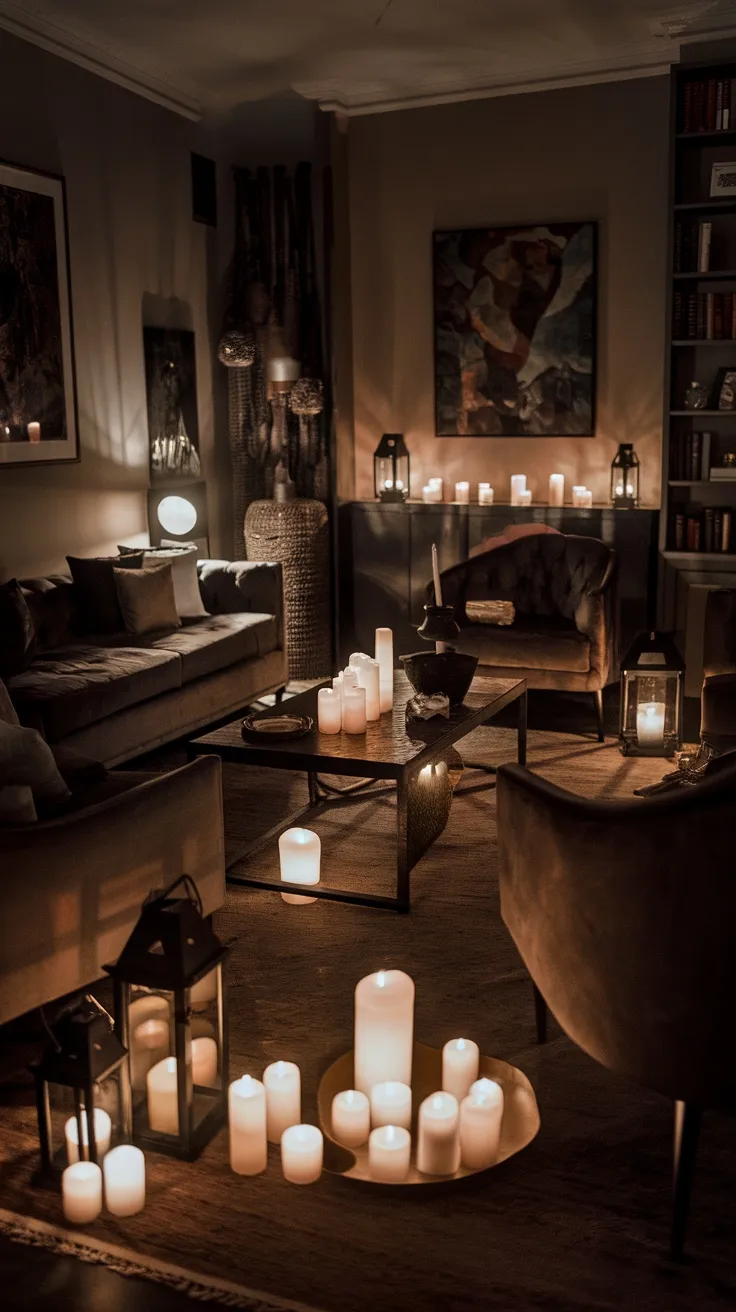 A dark moody living room decorated with various candles and lanterns for a warm glow.