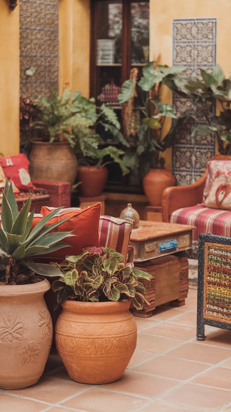 A cozy Spanish-style living room with clay pots and terracotta planters filled with plants, colorful cushions, and rustic furniture.