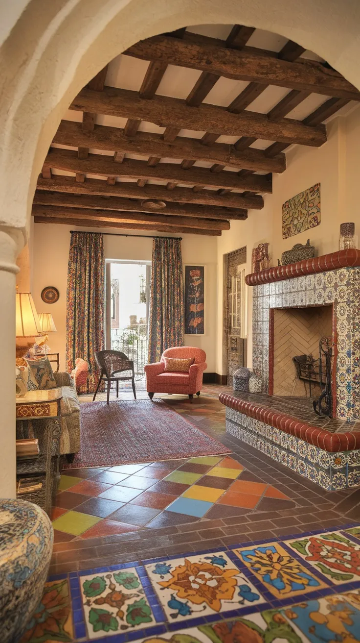 A Spanish style living room featuring hand-painted tiles on the floor and fireplace, with colorful decor and wooden beams.