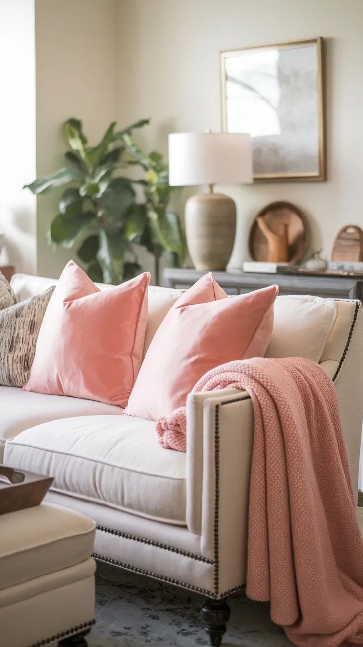 A cozy living room featuring pink throw pillows and a pink blanket on a white sofa, alongside a leafy plant and stylish decor.