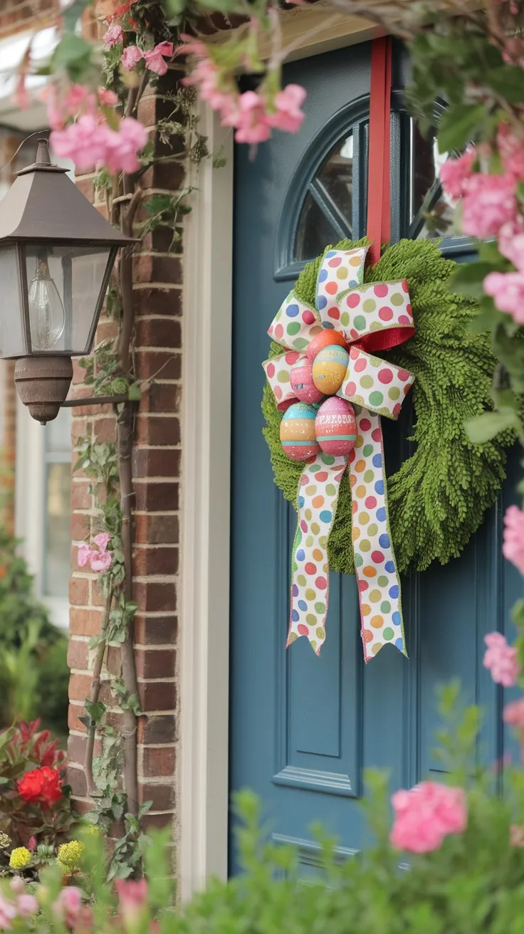 A green wreath with a colorful polka dot bow and Easter egg ornaments hanging on a blue door surrounded by pink flowers.