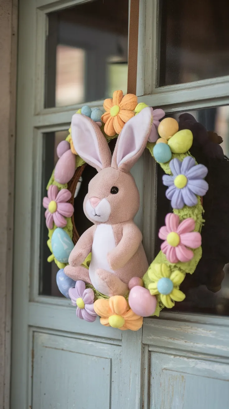A colorful Easter wreath featuring a plush bunny surrounded by flowers and eggs, hung on a door.