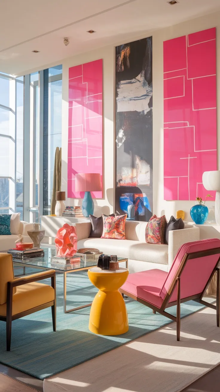 A stylish living room featuring pink abstract artwork and colorful furnishings