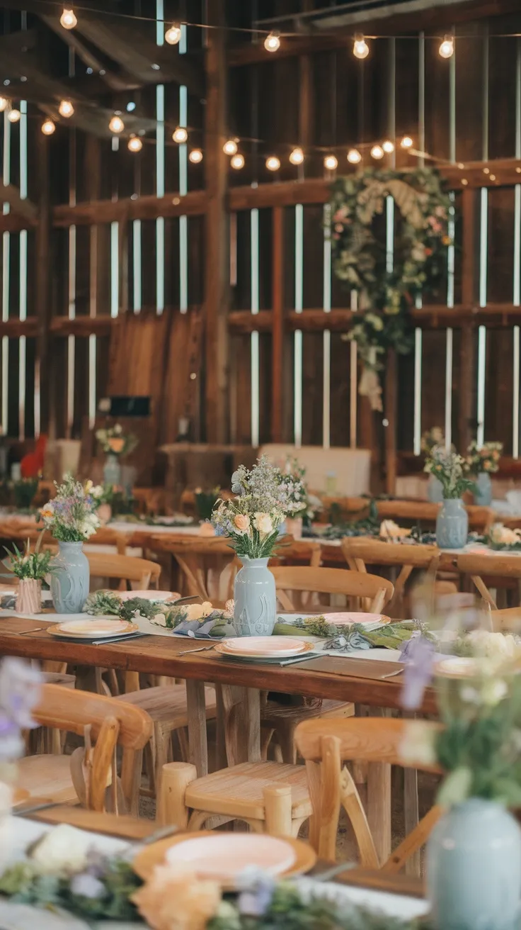 Rustic barn baby shower decor with wooden tables, wildflowers in vases, and soft lighting.