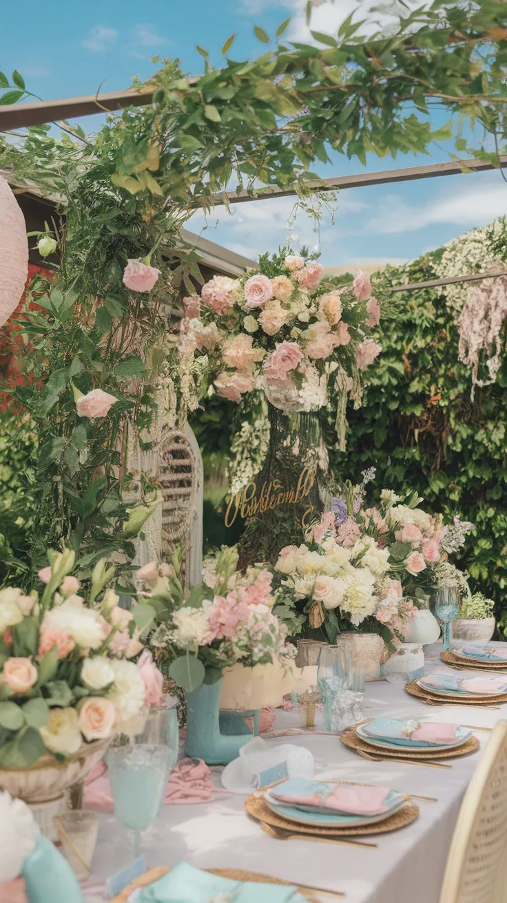 A beautifully decorated outdoor table for a baby shower featuring fresh flowers and greenery.