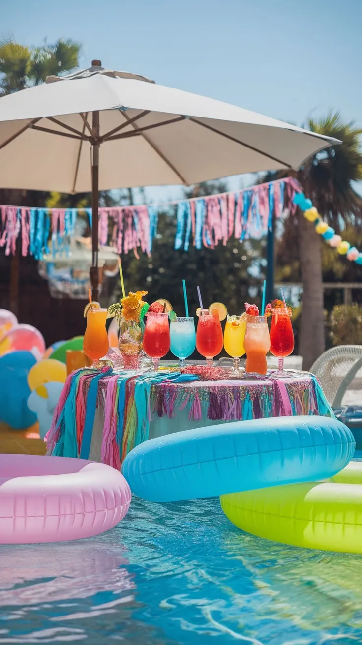 Colorful cocktails on a table by the pool, with fun floaties in the water and decorations in the background.