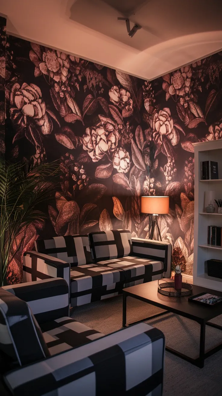 A living room featuring dark floral wallpaper, modern patterned sofas, and soft lighting.
