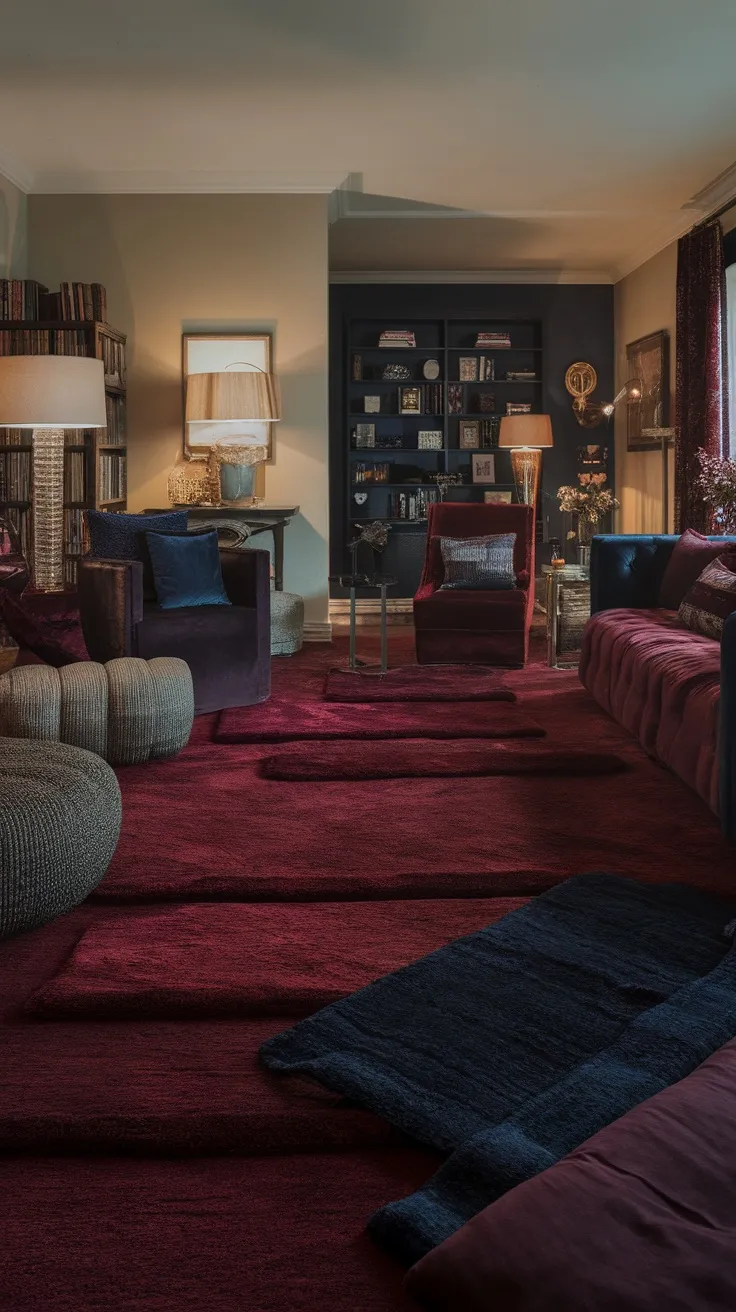 A cozy living room featuring layered plush rugs in deep red and dark blue colors, with comfortable seating and warm lighting.