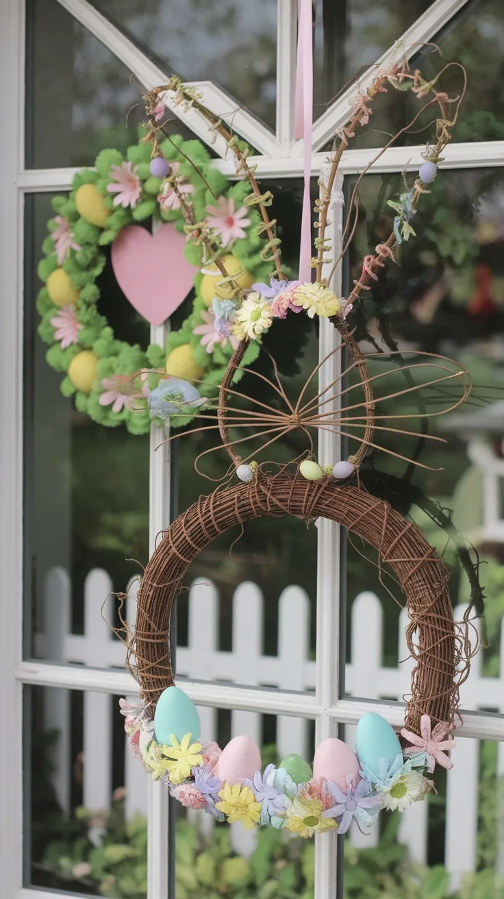 A bunny-shaped wreath featuring twigs and rattan with pastel decorations and flowers.