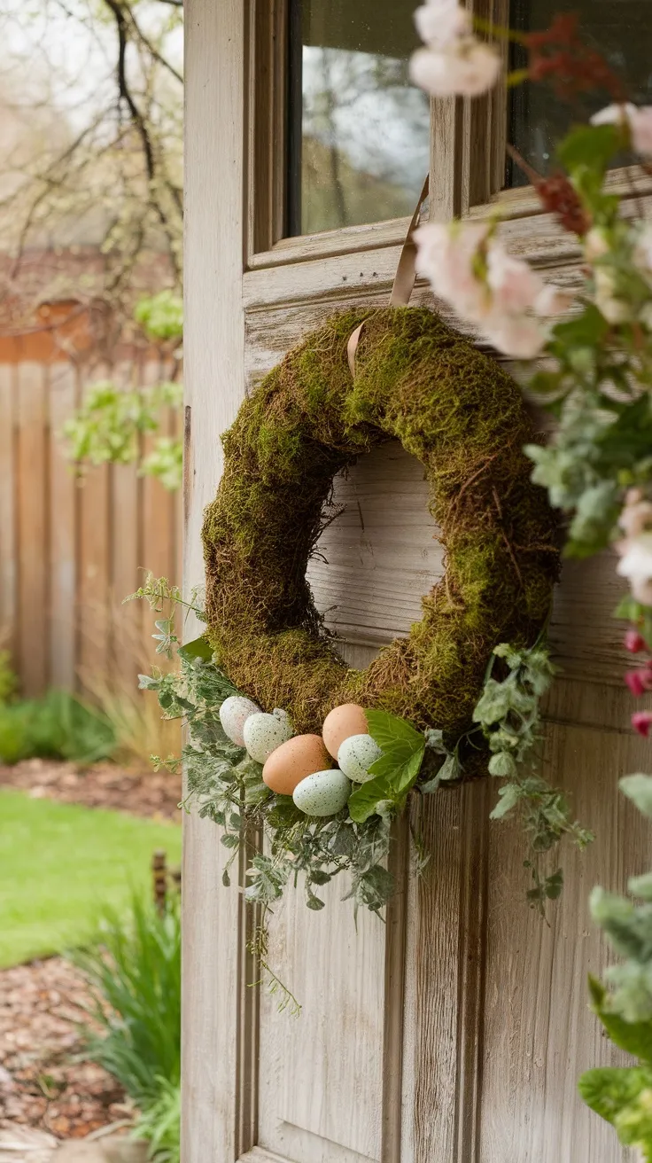 A moss-covered wreath with speckled eggs hanging on a door.