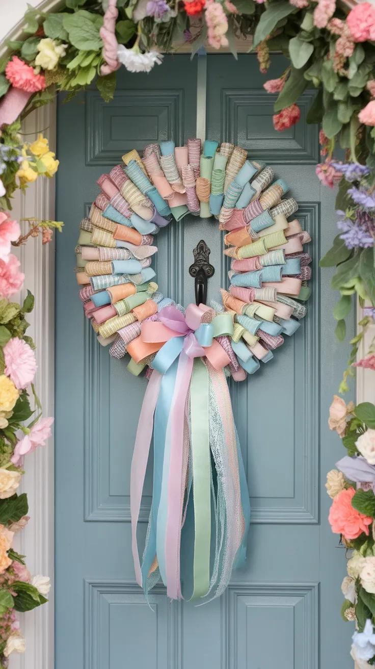 A wreath made of pastel ribbons tied around a frame, featuring a large bow, hanging on a blue front door.