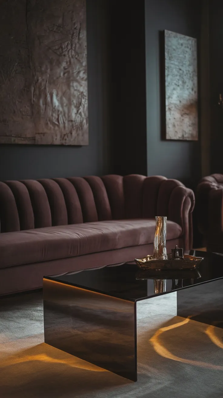 A dark moody living room featuring a burgundy sofa and a glossy coffee table, highlighting the mix of matte and glossy finishes.