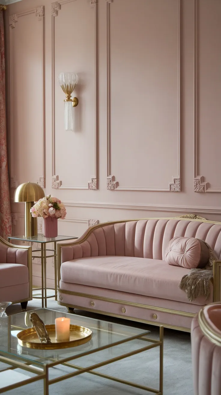A stylish pink living room featuring a pink sofa, gold accents, and floral arrangements.