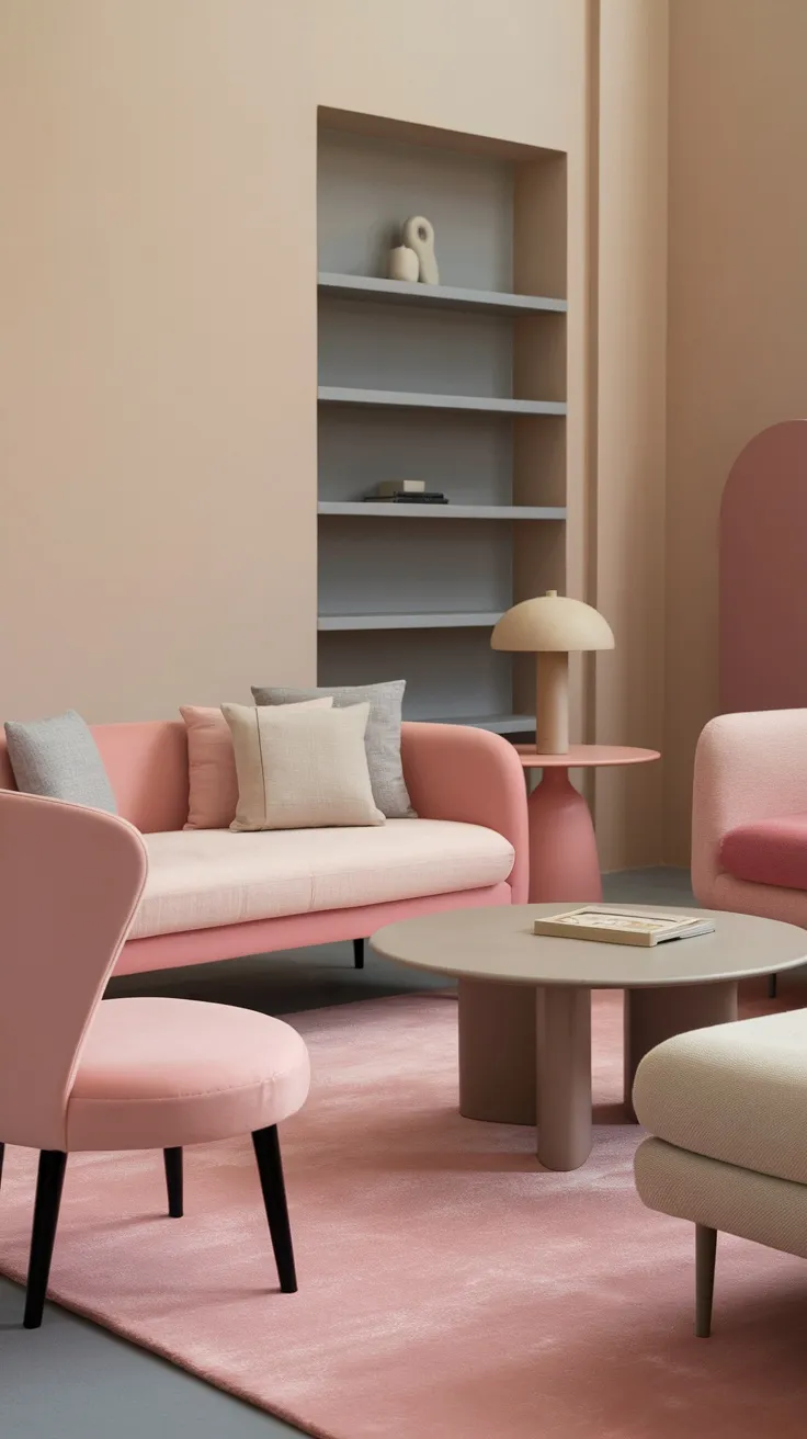 A stylish living room featuring pink sofas and a neutral beige background.