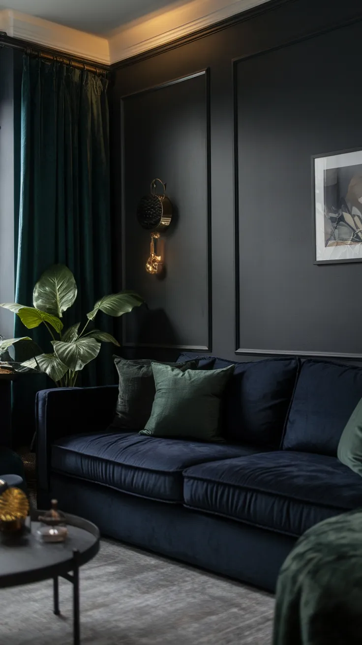 A dark moody living room featuring deep navy walls, a navy couch with green pillows, and green curtains