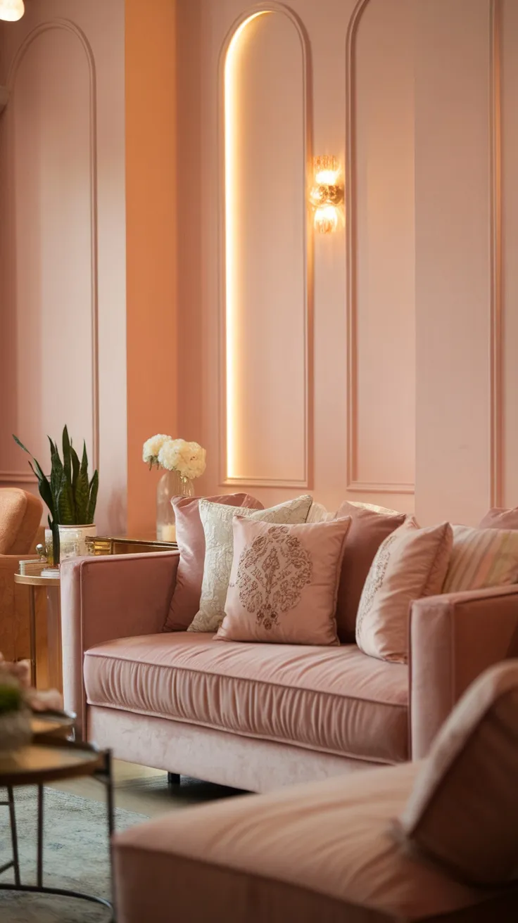 A cozy living room with soft blush pink walls, light furniture, and decorative pillows.