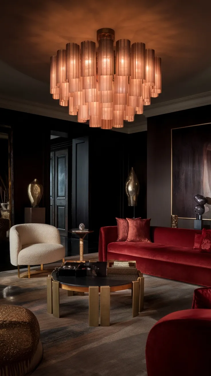 A stylish living room featuring a warm-toned chandelier, red velvet sofa, and elegant decor.