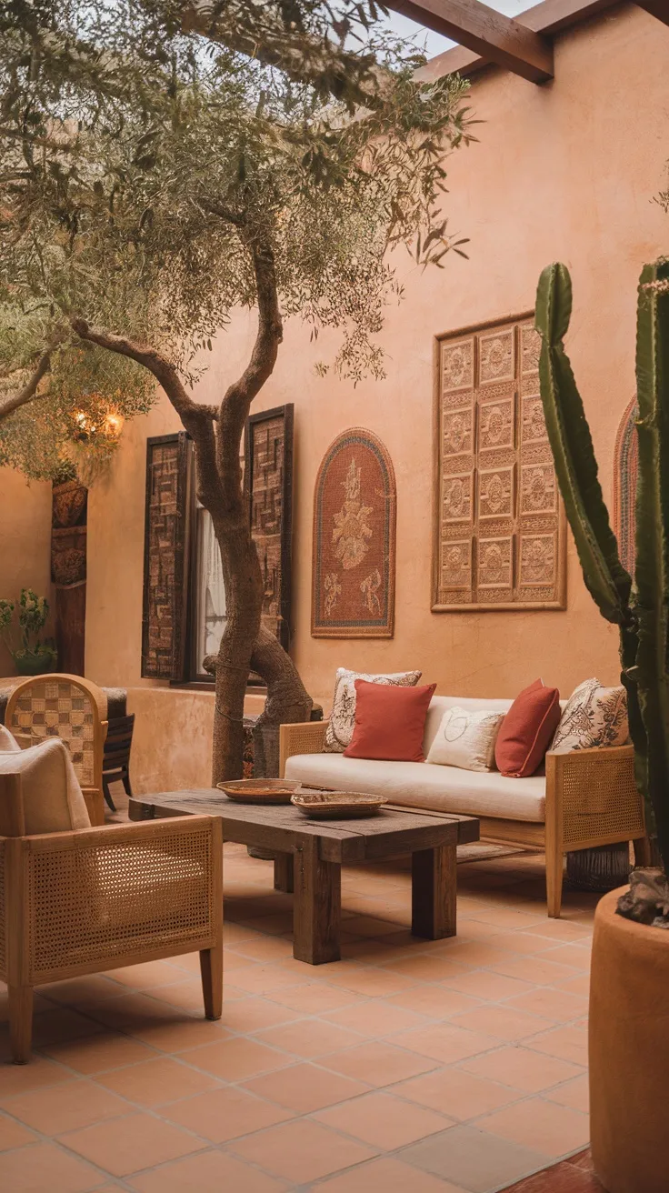 A Spanish-style living room featuring olive tree and cactus plants, warm tones, and rustic furniture.