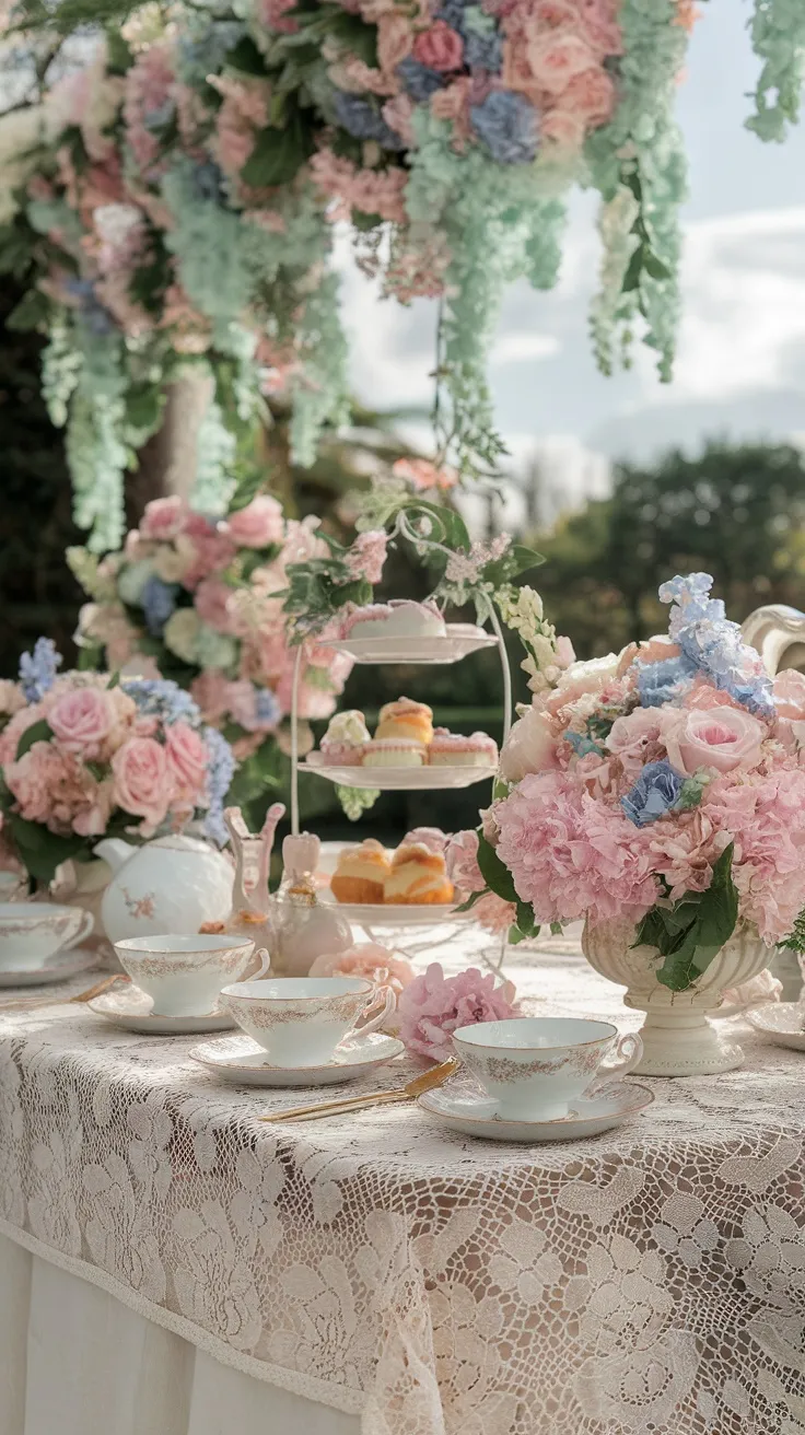 A beautifully arranged table for a floral tea party baby shower with elegant teacups and pastel flowers.