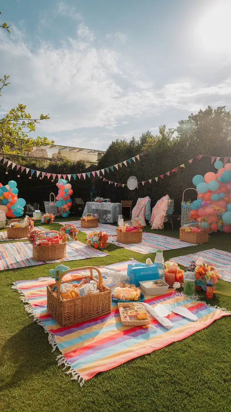 A beautifully arranged picnic-style baby shower setup with colorful blankets, baskets, and decorations in a sunny outdoor setting.