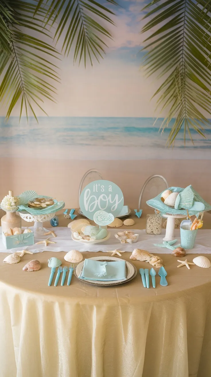 Beach-themed baby shower setup with seashell decor and sand colors.