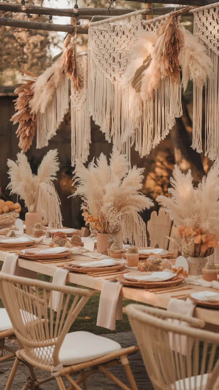 A beautifully arranged boho baby shower table with macrame, pampas grass, and earthy tones.
