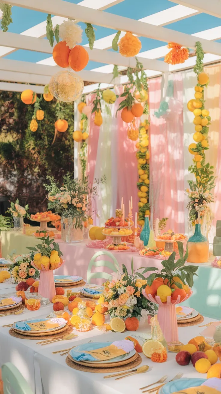 A colorful citrus-themed baby shower setup decorated with oranges, lemons, and flowers.