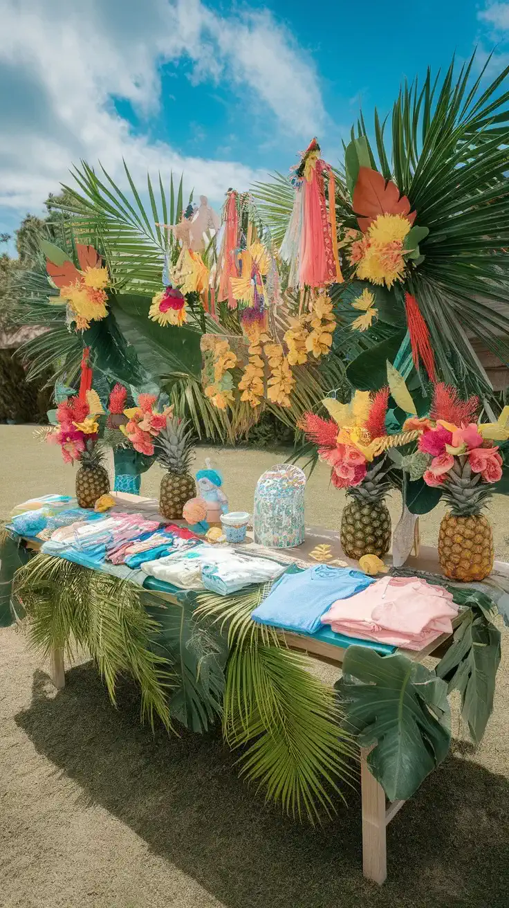 A vibrant tropical luau baby shower setup with pineapples, palm leaves, colorful decorations, and clothing on a table.