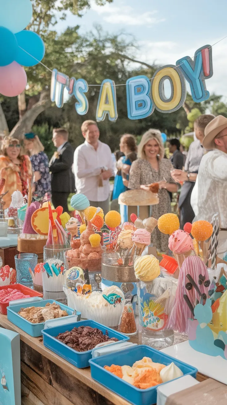 A colorful DIY sundae bar at a baby shower featuring various ice cream flavors, toppings, and a sign saying 'It's a Boy!'